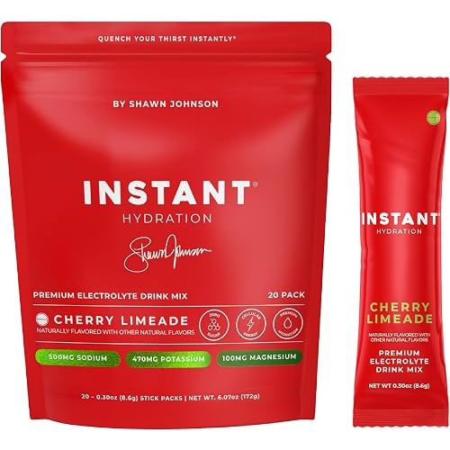 Instant Hydration Sugar Free Electrolytes Powder Packets - Shawn Johnson Cherry Limeade Electrolyte Drink Mix & Travel Essentials - Boost Recovery, Brain Health, Muscle & Tissue Support - 20 Sticks