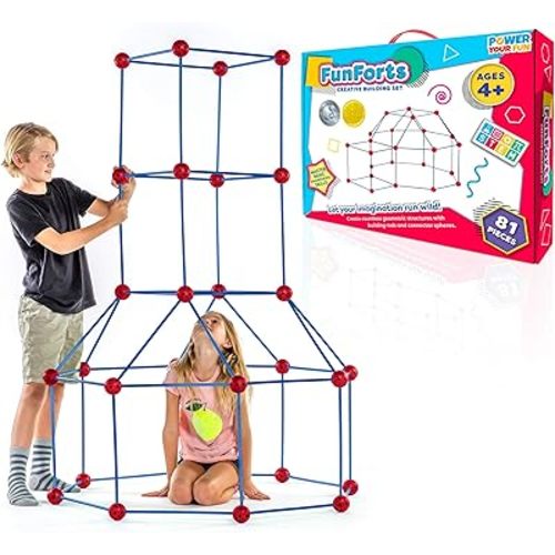 Power Your Fun Fun Forts Kids Tent - 81 Pack Fort Building STEM Toys Kit, Construction Toys Play Tent Indoor and Outdoor Playhouse for Kids with 53 Rods and 28 Spheres (Red, Blue)