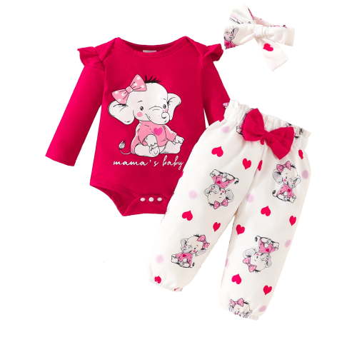 WIBACKER Mama's Baby Newborn Outfit Baby Girl Going Home Outfits Ruffle Ribbed Romper Top Elephant Pants Set Fall Winter Clothes