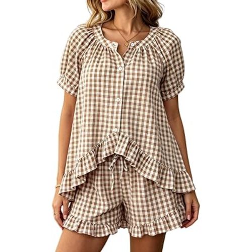 WOWULOVELY Womens Gingham Pajama Set 2 Piece Cotton Short Pj Lounge Set Puff Sleeve Ruffle Babydoll Shirt Outfits Sleepwear