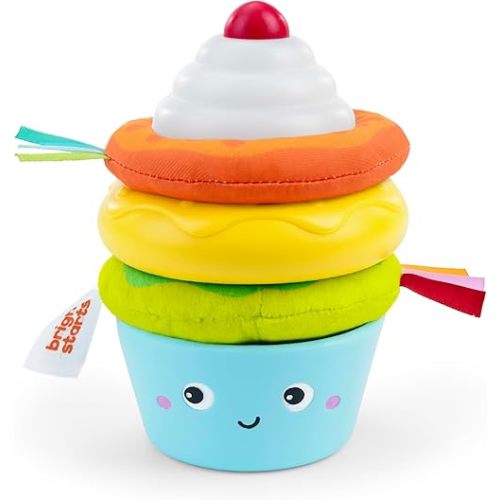Bright Starts Treat Tower Stacking Toy with Teether in Cupcake and Donut Shapes, Develop Fine Motor Skills, Unisex, 6 Months+
