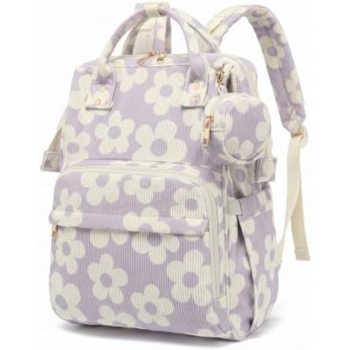 Baby Diaper Bag Backpacks for Mom Dad, Corduroy Large Capacity Multifunction Nappy Bag with Pacifier Case, Baby Travel Essentials Diaper Backpack for Boys Girls - Large Flowers Purple