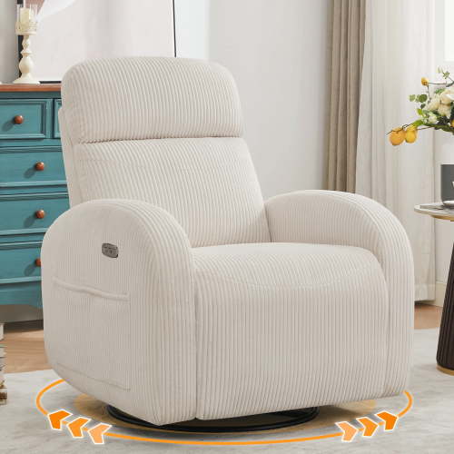 Aemeios Corduroy Swivel Rocker Glider Power Recliner Nursery Chair, White, with USB and Type-C Ports
