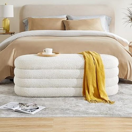 Storage Ottoman Bench 49.2 Inch Upholstered Fabric Storage Bench for Bedroom End of Bed Aesthetic Large Oval Ottoman for Living Room Entryway (Ivory)