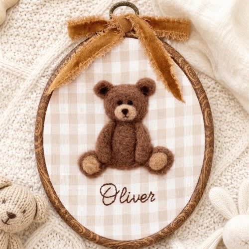 Personalized Teddy Bear Nursery Decor, Needle Felted Hoop Art, Baby Shower Gift