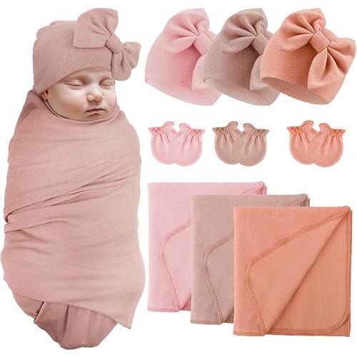 AQOKKA Newborn Receiving Blanket with Bow Hat Mittens Set Nursery Swaddle Wrap Toddler Swaddles for Newborn Baby Boy Girl