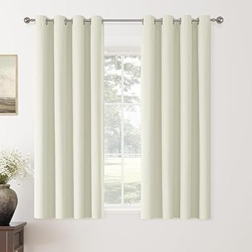 ChrisDowa 100% Blackout Ivory Solid Curtains 63 Inches Long 2 Panels for Bedroom Living Room,Farmhouse Room Darkening Thermal Insulated Soundproof Grommet Top Window Treatment Drapes,52x63