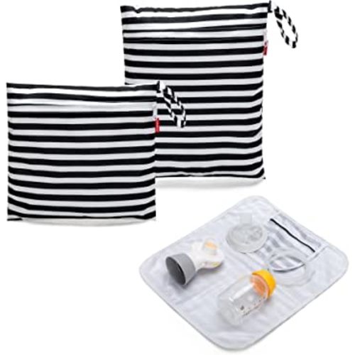 Damero Breast Pump Parts Bag, 2Pack Wet Bag for Breast Pump Parts Storage with Waterproof Mat, Black Strips