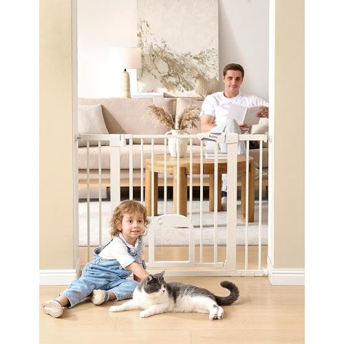 Babelio Baby Gate with Adjustable Cat Door,29-43" Auto Close Durable Pet door for Stairs,Doorways and House,Pressure Mounted,Easy Install,Effortless Walk Thru,White