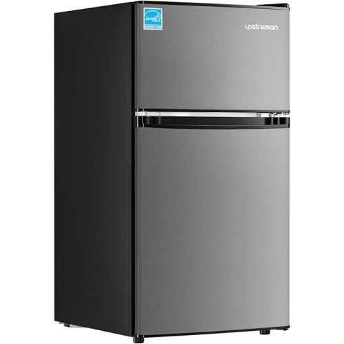 Upstreman 3.1 Cu.Ft Mini Fridge with Freezer, Double Door Small Fridge, Dorm Essentials, Adjustable Thermostat, Energy Saving, Mini Refrigerator for Office, Dorm,Bedroom, Stainless