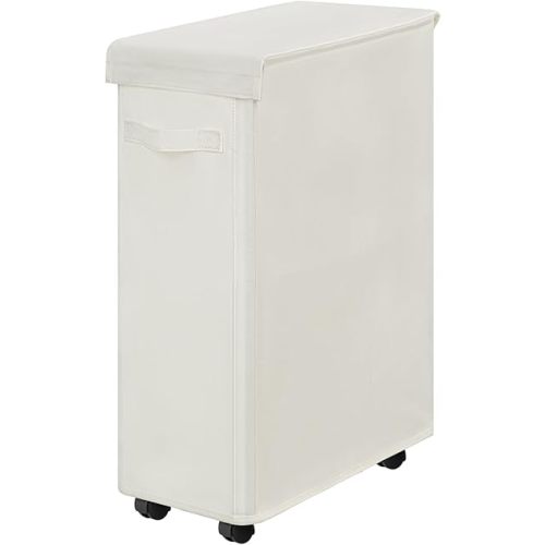 Chrislley Slim Laundry Hamper with Wheels, 45L Narrow Rolling Laundry Basket with Lid, Foldable Dirty Clothes Hamper Portable Skinny Hamper Storage Bins for Dorm, Bedroom (beige)