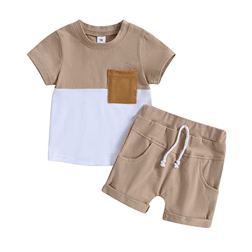 fhutpw Baby Toddler Boy Clothes Summer Outfits 6 12 18 24 Months Patchwork Short Sleeve T Shirt & Shorts Sets with Pockets