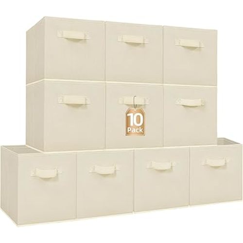 STORAGE MANIAC Storage Cubes, 11 Inch Collapsible Storage Bins with Handles, 10 Pack Fabric Foldable Bins for Organization, Durable Storage Bins for Closet, Shelves, Offices, Toys, 10-Pack Beige