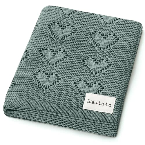 Bleu La La Heirloom Knit Heart Receiving Blanket for Boys and Girls - 100% Luxury Cotton Baby Blanket - Soft Warm Swaddle Receiving Receiving Blanket for Newborns Infants & Toddlers (Hunter Green)