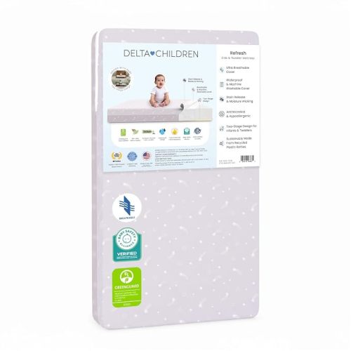 Delta Children Refresh 2-Stage Crib and Toddler Mattress - Breathable Cover and Core - Machine Washable - GREENGUARD Gold – Waterproof - Sustainably Sourced Core, Grey