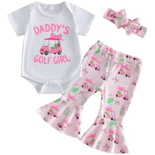 Muasaaluxi Newborn Baby Girl Golf Outfit Daddys Golf Girl Romper Onesie Flared Pants Headband Infant Summer Clothes 0-18M