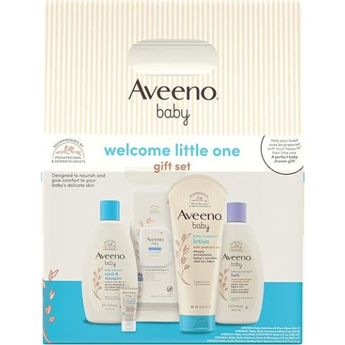 Aveeno Baby Welcome Little One Gift Set, Skincare Set with Nourishing Body Wash & Shampoo, Calming Bath Wash, All Over Wipes, Daily Moisturizing Lotion, & Balm, 5 Items