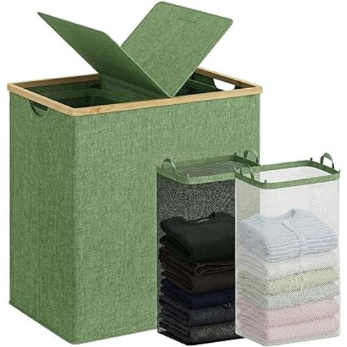 efluky Laundry Hamper with Lid, Double Laundry Basket with 2 Removable Bags, 2 Section Laundry Bin with Bamboo Handles for Bathroom, Bedroom & Laundry Room, 140L (36.9 Gallon) Sage Green