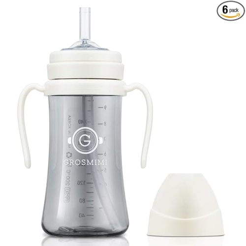 GROSMIMI Spill Proof no Spill Magic Sippy Cup with Straw with Handle for Baby and Toddlers, Customizable, PPSU, BPA Free 10 oz (White)