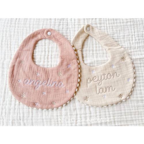 Embroidered Gauze Baby Bib: Personalized Lace Trim Bib