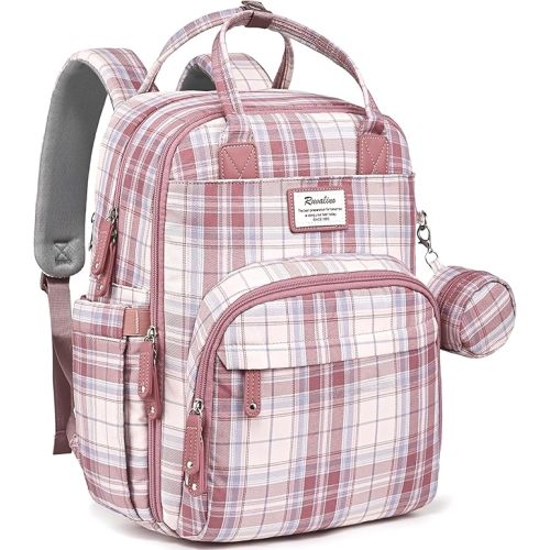 RUVALINO Diaper Bag Backpack, Multifunction Travel Pack Maternity Baby Changing Bags, Large Capacity, Waterproof, Pink Plaid