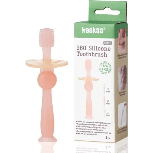 Haakaa 360° Silicone Baby Toothbrush – 100% Soft Food Grade Silicone, BPA-Free, Suction Base, Safe for Babies 6 Months+, Gentle Gum and Teeth Cleaning for Infants, Gum Massager (Pink)