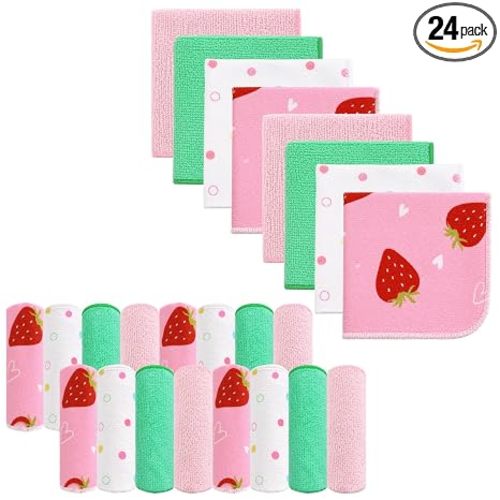 Softan Baby Washcloths, 24Pack Baby Wash Cloths Extra Soft & Ultra Absorbent, Baby Towels and Face Towels for Unisex Boys Girls Body, Washclothes Gentle on Sensitive Skin, 9x9 Pink Heart Strawberries