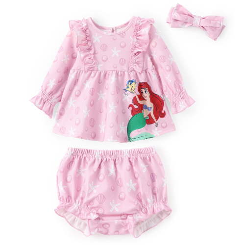 Disney Princess Baby Girl 3pcs Ariel Graphic Ruffle Top with Diaper Bowknot Hairband Set Size 9-12M