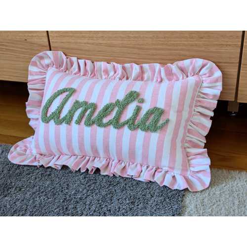PINK STRIPES Personalised Ruffled Cushion Handmade Punch Needle Decor | Cottagecore Nursery Kids  Room Styling | Custom Gift Baby Shower