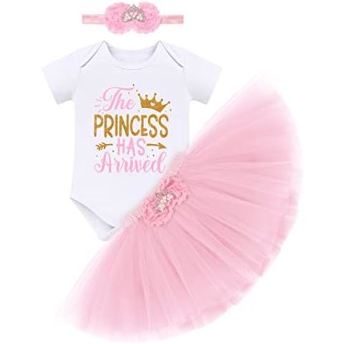 Newborn Baby Girls Coming Home Outfit Princess Romper + Tutu Skirt + Flower Headband Shiny Clothes Set for Photo Shoot