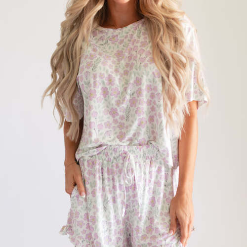 Women's Ruffle Short Set in Purple Flowers