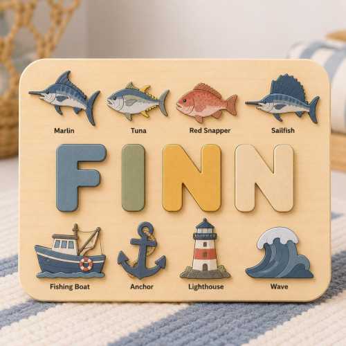 Personalized Fishing Name Puzzle, Custom Wooden Name Puzzle, Fish Montessori Toy, Little Angler Baby Gift, Fishing Nursery Decor