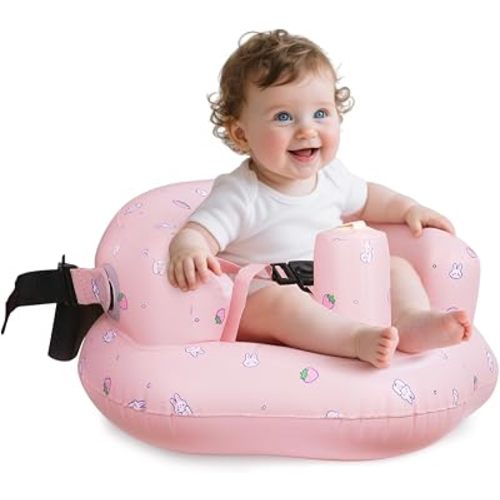 AirSwim Inflatable Baby Seat for Babies 3 Months and Up, Inflatable Baby Chair with Safety Belt and Built-in Pump, Simplified Blow Up Chair, Infant Floor Seats for Learning to Sit, Camping, Strawberry