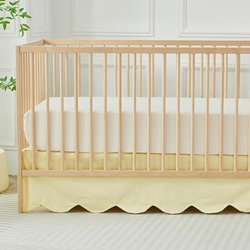 Brandream Scallop Edge Cotton Crib Skirt Toddler Bedskirt Baby Nursery Crib Bed Skirt Boho Bohemian Neutral Solid Color Light Yellow Farmhouse Chic Bedding Skirt