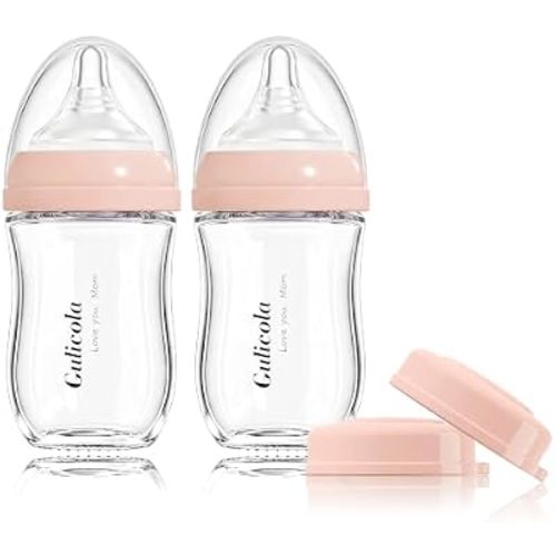 Gulicola Natural Glass Baby Bottle for Breastfeeding Babies, Newborn Anti-Colic Bottle Set with Slow Flow Nipple, 0-3 Months, 5 oz, 2 Pack - Pink