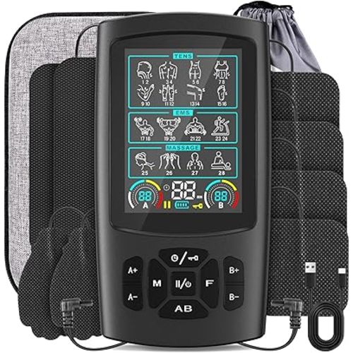 3-in-1 TENS Unit Muscle Stimulator with Color Display - Dual Channel EMS Machine, 28 Therapy Modes,40 Intensity Levels,8 Electrode Pads & EVA Case for Effective Pain Relief