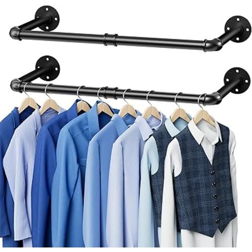 Abiglifty Wall Mounted Clothes Rack 38.4 Inch, 2 Pack Industrial Pipe Clothing Rack, Black Wall Clothing Rack, Multi-Purpose Clothing Hanging Rod for Closet