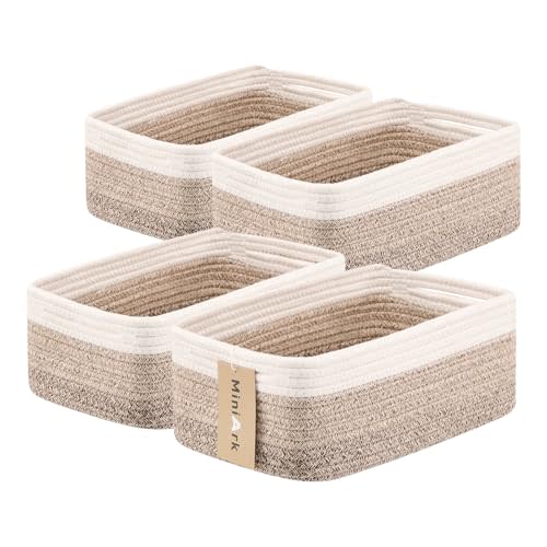 MiniArk Small Storage Baskets for Organizing | Closet Organizer Bins | Shelf Toy Basket | Woven Rope Baskets | Cube Decorative Box | Shallow Basket | 13x8.5x5.1” | 4 Packs Gradient Brown