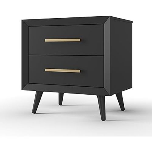 Child Craft Cranbrook Nightstand, 25" W Mid-Century Modern 2-Drawer Nursery Nightstand with Metal Handles, Ebony