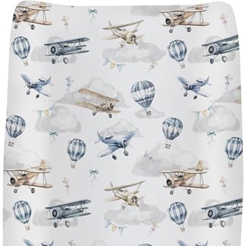 Vintage Planes Airplanes Helicopters Changing Pad Covers for Baby Girl Boy Hot Air Balloon Plane Clouds Sky Fitted Baby Changing Table Mats Soft Diaper Change Table Sheets 32''×16''