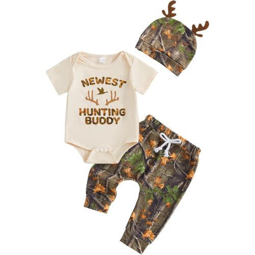 Newborn Baby Boy Summer Clothes Daddy’s Hunting Buddy Deer Printed Short Sleeve Romper Pants Hat 3PCS Set
