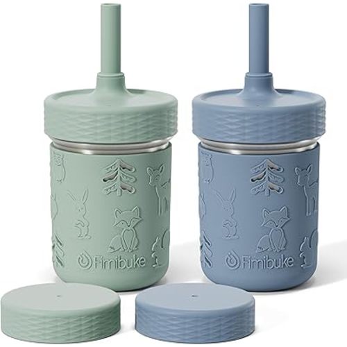 Fimibuke Toddler Cups Spill Proof, 8 OZ Sippy Cups for Kids Girl Boy, Leak Proof Stainless Steel Tumbler with Lid, Silicone Straw & Sleeve, BPA Free Dishwasher Safe Water Bottle Snack Container 2 Pack
