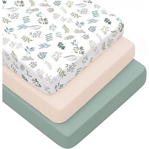 3 Pack Crib Sheets for Boys Girls – Fitted Crib Sheets for Standard Crib Mattress and Toddler Mattress, Ultra Soft Breathable Washable Polyester, 28x52inch, Mint Green & Leaf