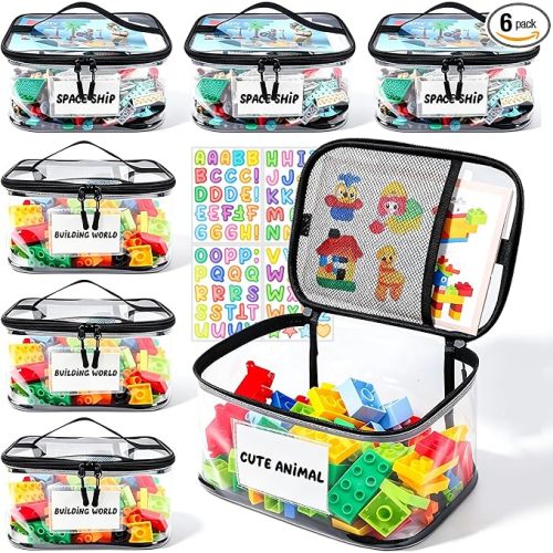 Tesuko 6 Pack Clear Toy Storage Bag with Name Tag& Manual Pocket, Waterproof Transparent PVC Toy Organizer Case for Lego Bricks, Board Games, Building Blocks, Puzzles (Large Capacity, Black)