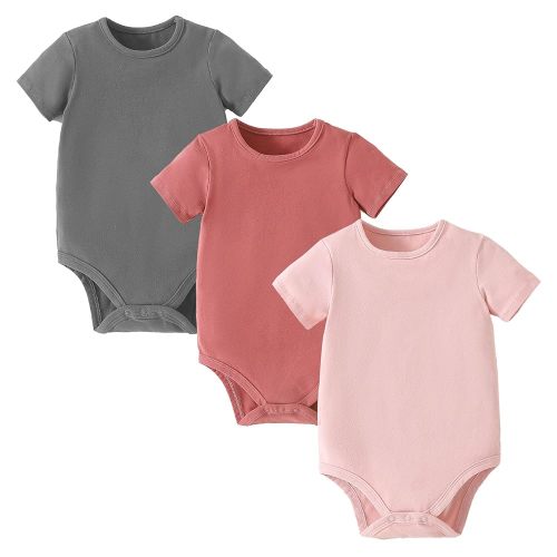 ROMPERINBOX Baby Girl Short Sleeve Onsies, 3 Pack Multi Colors Baby Bodysuit, Knitted Solid, Crew Neck 0-24 Months