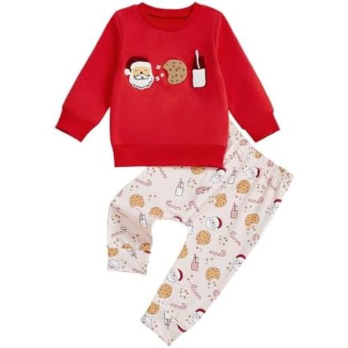 Infant Toddler Baby Boy Christmas Outfit Long Sleeve Red Shirts with Pants 2Pcs Santa Cookies and Milk Clothes Set