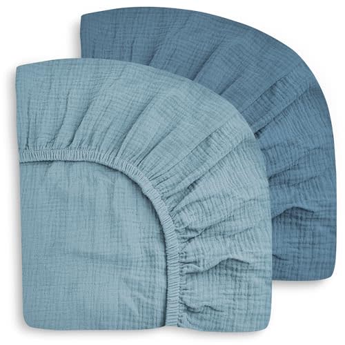 SWEET DOLPHIN 2-Pack Muslin Crib Sheets for Boys & Girls, Ultra Soft Breathable 40S Long-Staple Cotton Fitted Baby Sheets for Standard Crib Mattress 52"x28", Light Navy- Nursery Essentials