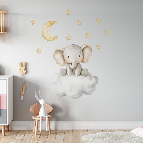 Elephant wall decal, Cloud and stars wall decor for nursery, custom wall elephant sticker, baby room decal, elephant wall decor