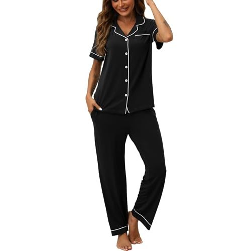 HNG Women Pajamas Set 2 Piece Button Up Pajamas Pant and Short Sleeve Shirt for Woman Pj Sets with Pocket