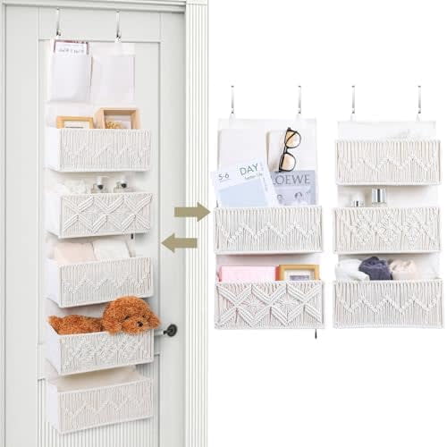 Over the Door Organizer Macrame Boho Nursery Storage with 5 Large Woven Pockets, Hanging Closet Basket for Bathroom or Nursery, Behind the Door Storage Organizer